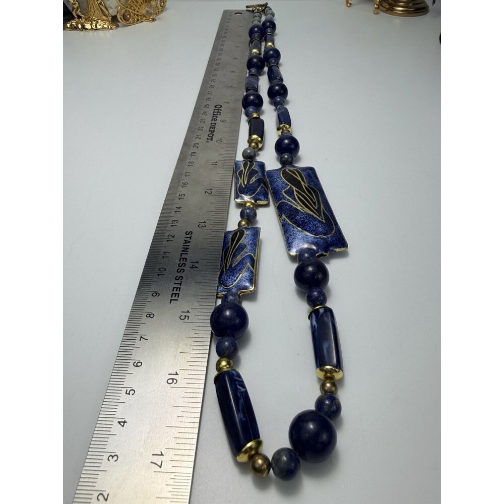Unique Artisan Lapis Lazuli Beaded Necklace Enamel Panels Toggle Clasp - Picture 7 of 9